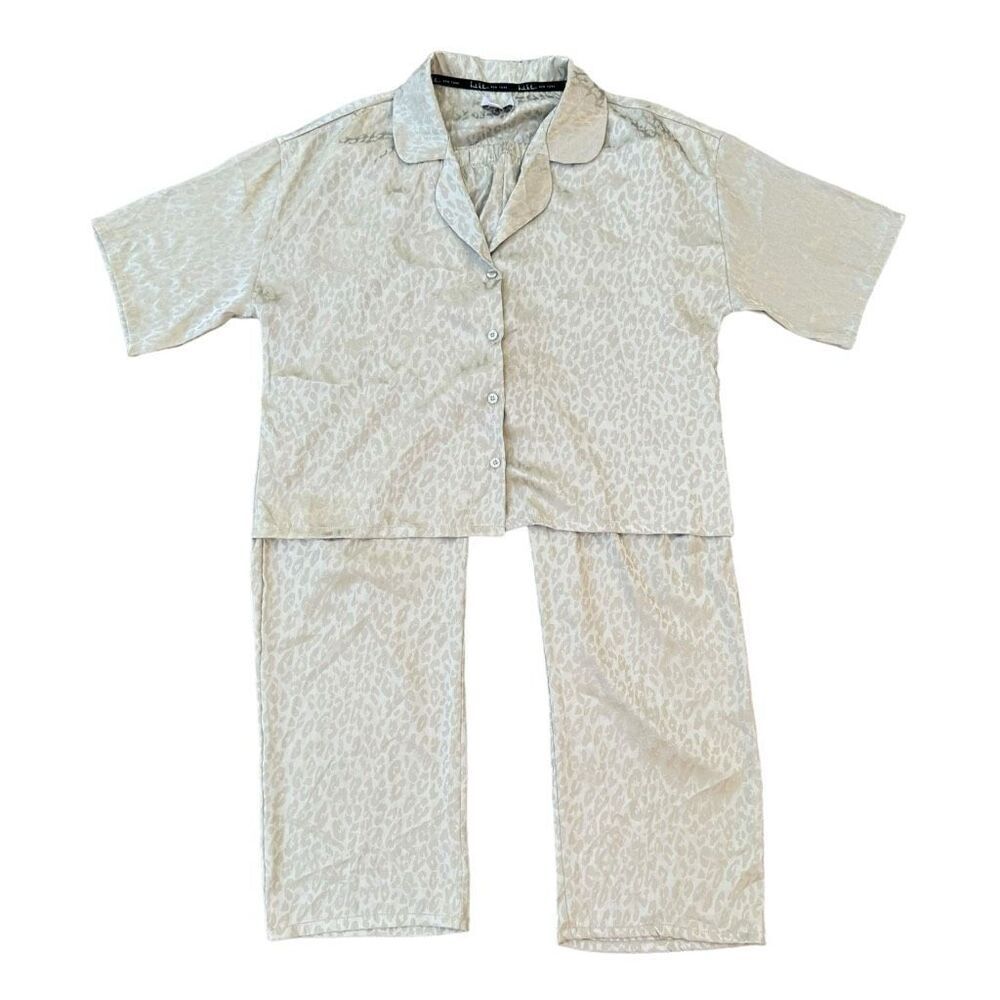Nicole Miller satin sage 2 Piece Pajama Set Animal leopard Print Size XL NWOT